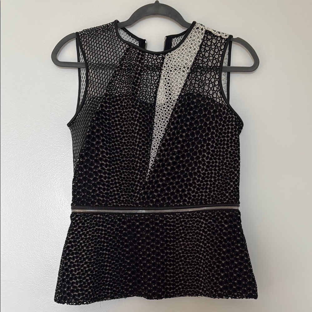 Yigal Azrouel Black and White Graphic Peplum Tank Top